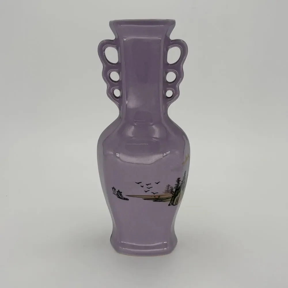 Vintage Chinese Lavender Porcelain Landscape Vase 4-Hole Looped Handles